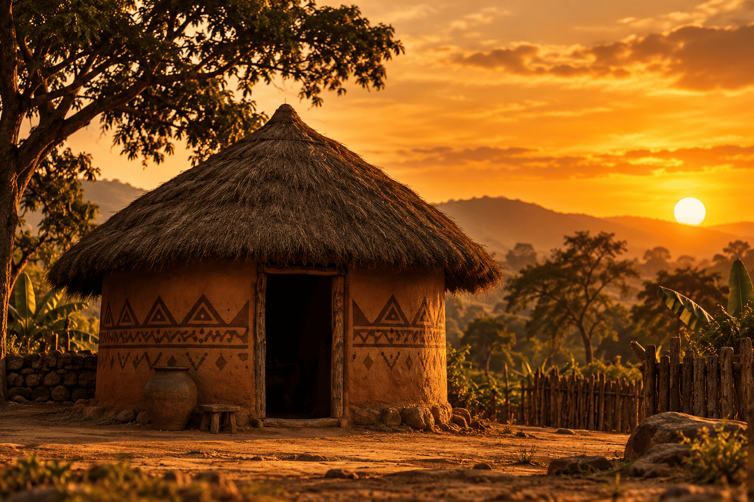 A traditional African mud hut at golden hour